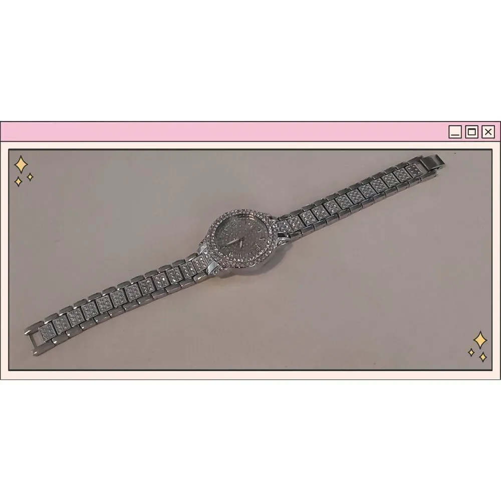 NWOT~Sparkling Bling Silver Crystal Studded Double Bezel Watch
